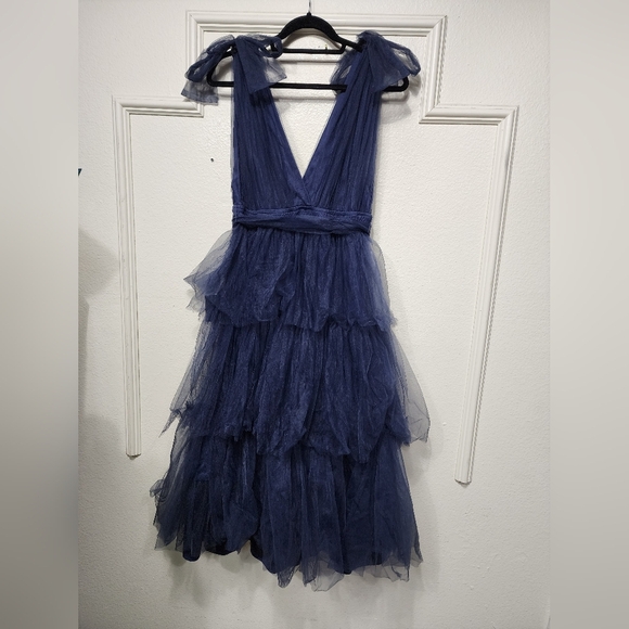 Lulus Flawless Arrival Navy Blue Tulle Tie-Strap Tiered Maxi Dress L Wedding - Picture 8 of 8